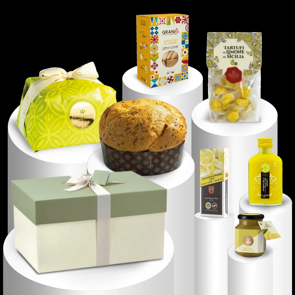 Composizione Sicilus a tema limone con panettone Bonfissuto, biscottini al limone, cioccolato di Modica, crema e marmellata di limone