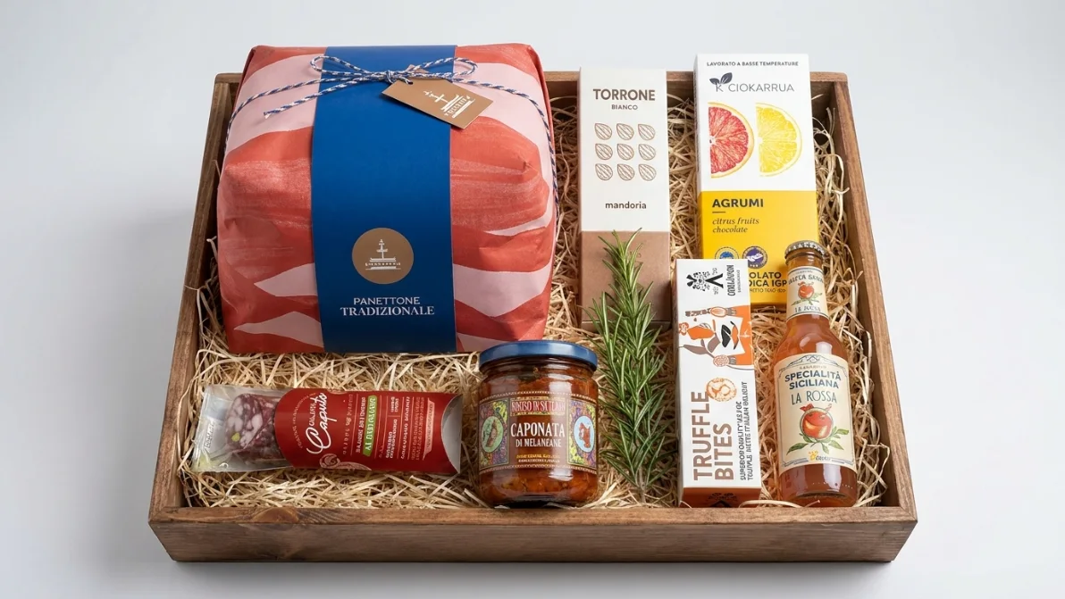 Gift box aziendale Sicilus in cassetta di legno: panettone con sigillo Sicilus, torrone, caponata, cioccolato agli agrumi e specialità siciliane