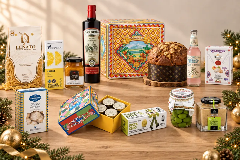 Composizione Cunzato con panettone, vino, pasta e conserve