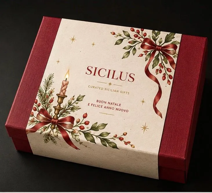Scatola regalo Sicilus chiusa con fascia decorata e logo del marchio