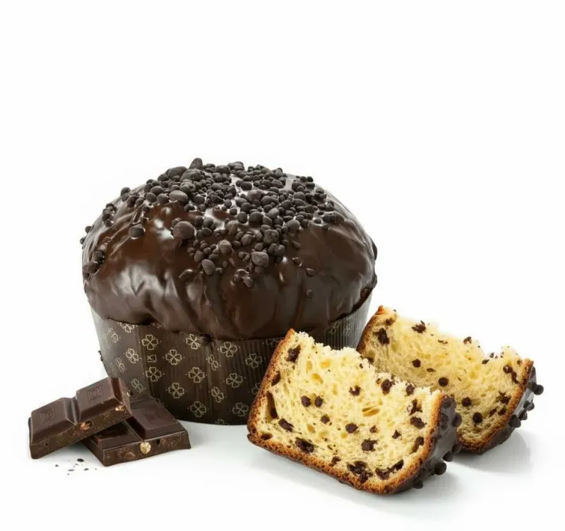 Panettone al cioccolato con una fetta che mostra l’impasto