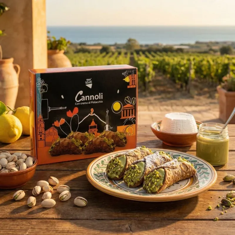 Cannoli siciliani con crema al pistacchio e confezione Terra Siciliae