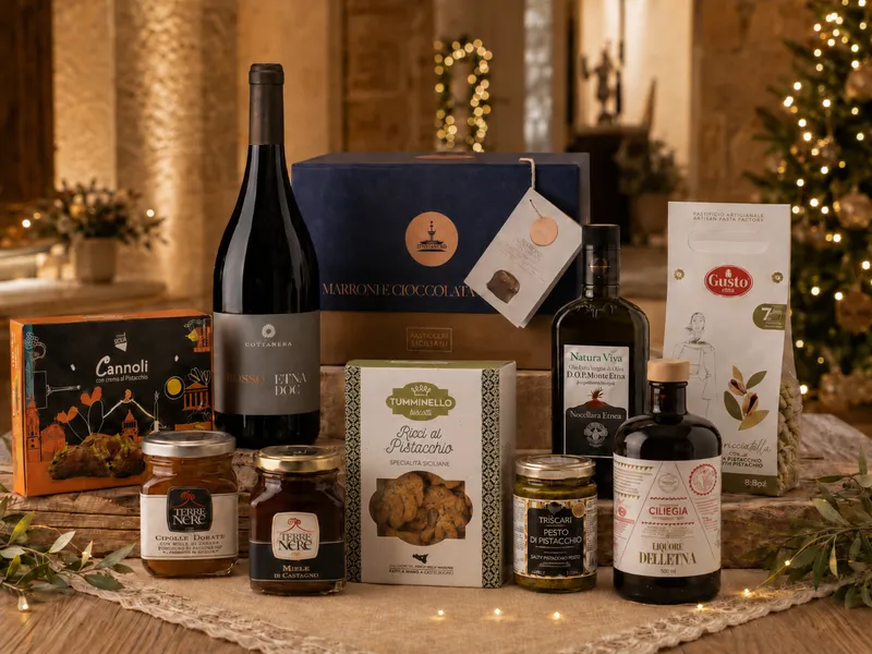 Composizione Fuoco e Neve con panettone, vino e prodotti dell’Etna