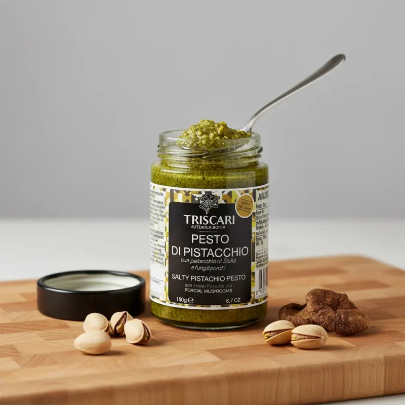 Pesto di pistacchio e funghi porcini con ingredienti accanto al vasetto