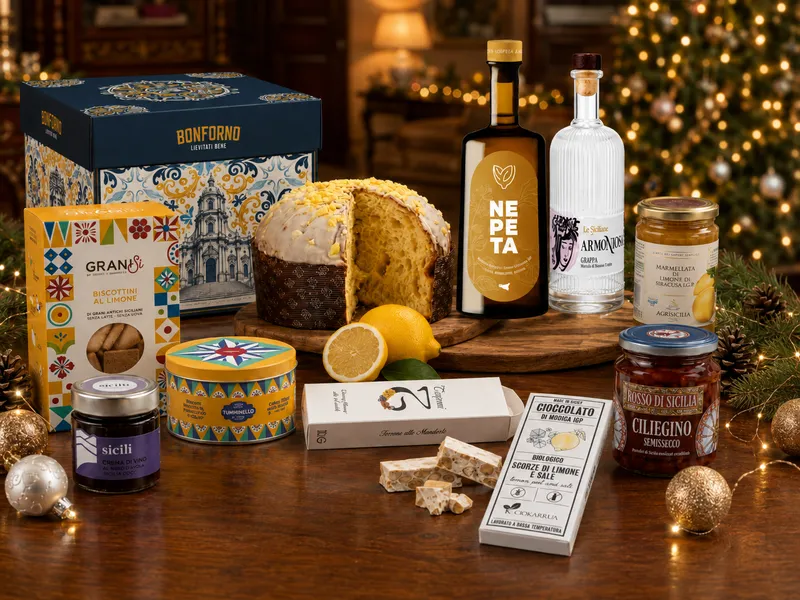 Cesta Giardini d’Aretusa della linea Odissea con panettone, liquori e specialità siciliane