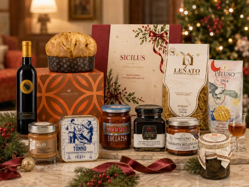 Composizione Perle d’Arcipelago con panettone, vino e specialità siciliane