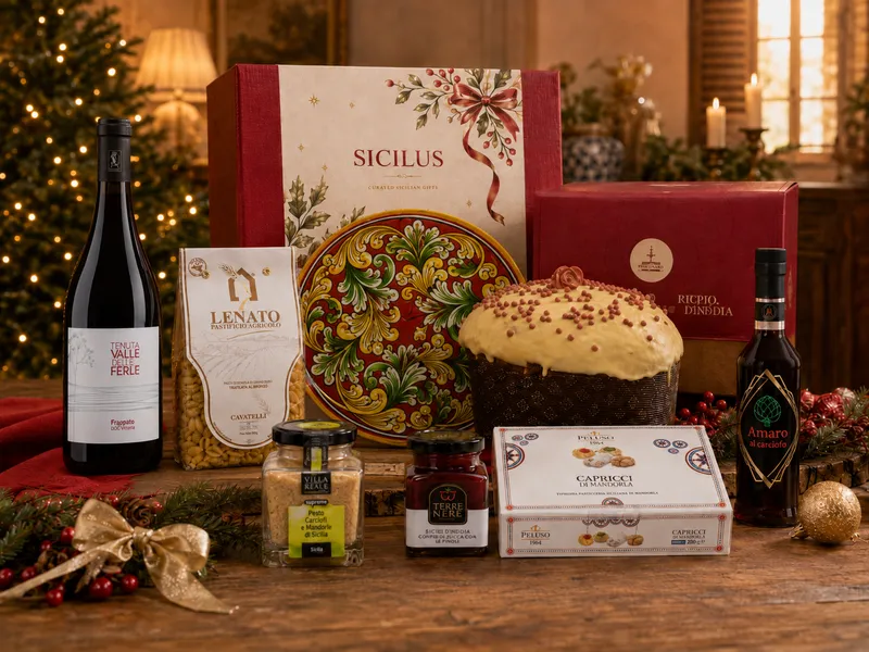 Cesta Terra di Maiolica della linea Odissea con panettone, vino, ceramica e specialità siciliane