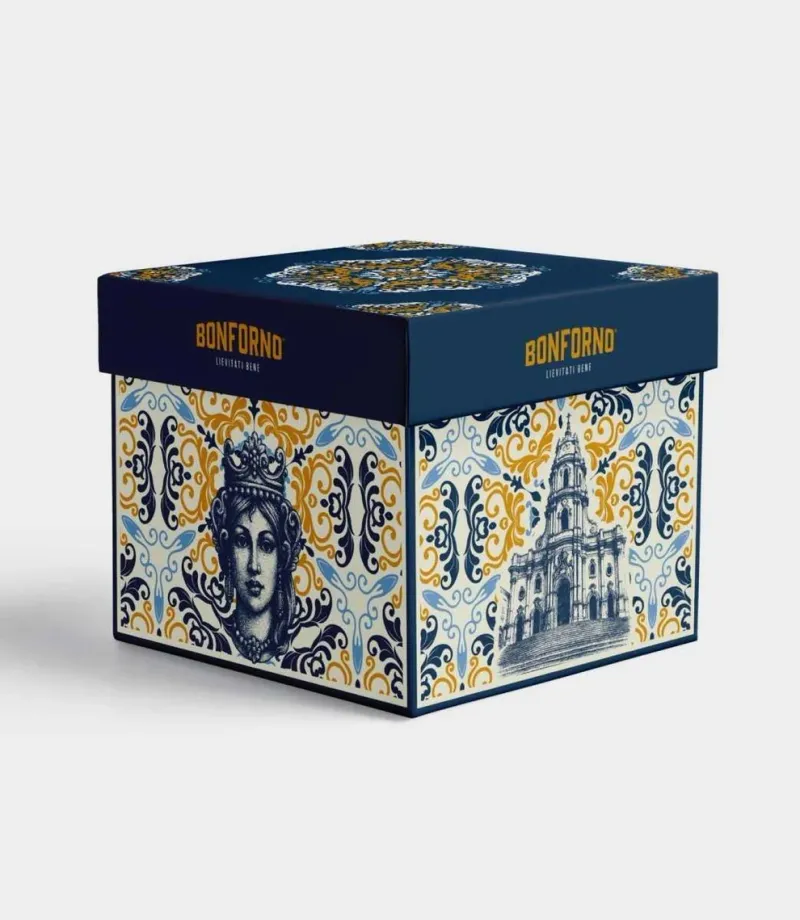 Scatola blu decorata per panettone Bonforno