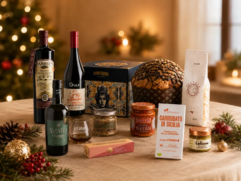 Composizione Terre Iblee con panettone, vino e specialità siciliane