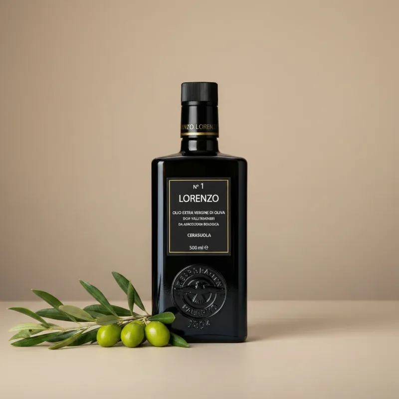 Olio extravergine Lorenzo N. 1 con un ramo d’ulivo