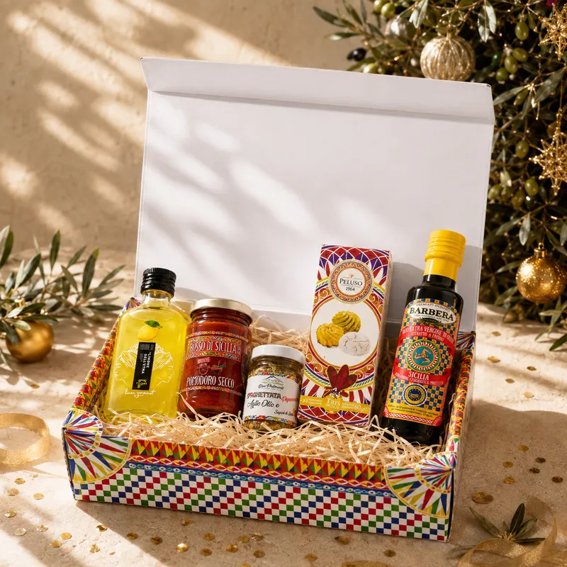 Gift box Il Sole di Trinacria aperta con specialità siciliane