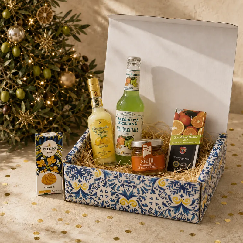 Gift box L’Otre di Eolo con bevanda, liquore e dolci siciliani